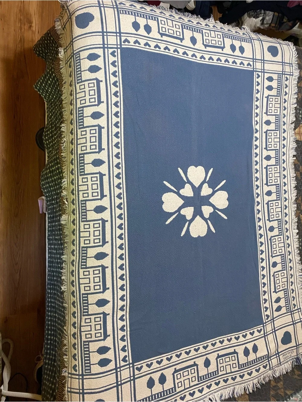 Source Unknown Blue and White Heart Motif Tapestry Vintage dated 1989